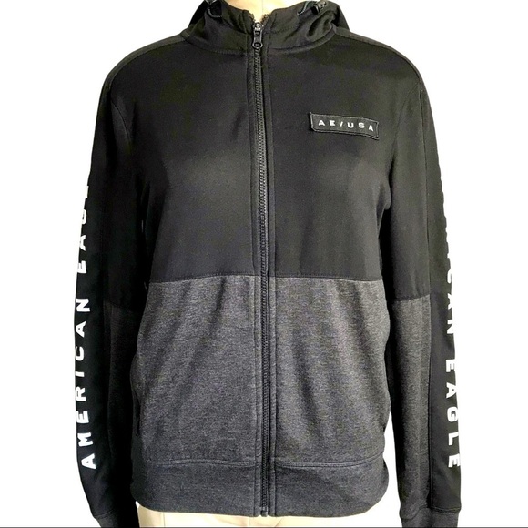 𝅺AMERICAN Eagle USA Black Grey Color Block Hooded Jacket Zip Up Pockets Y2K XS - Picture 1 of 11
